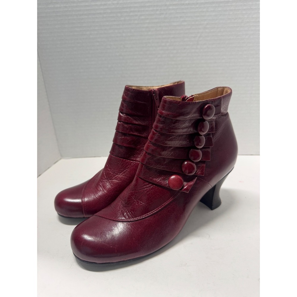 Miz Mooz Alisa Burgundy Leather Button Pleated Ankle‎ Boots 38 7.5
